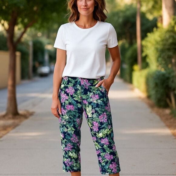 J.Jill Women’s Tropical Floral Cropped Pants Sz Small Pull-On Wide Leg Black Mul - Picture 2 of 4